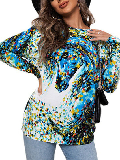 Long Sleeves Loose Printed Round-Neck Knitwear Pullovers Sweater Tops