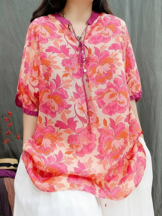 Women Summer Vintage Floral Ramie Loose V-Neck Blouse