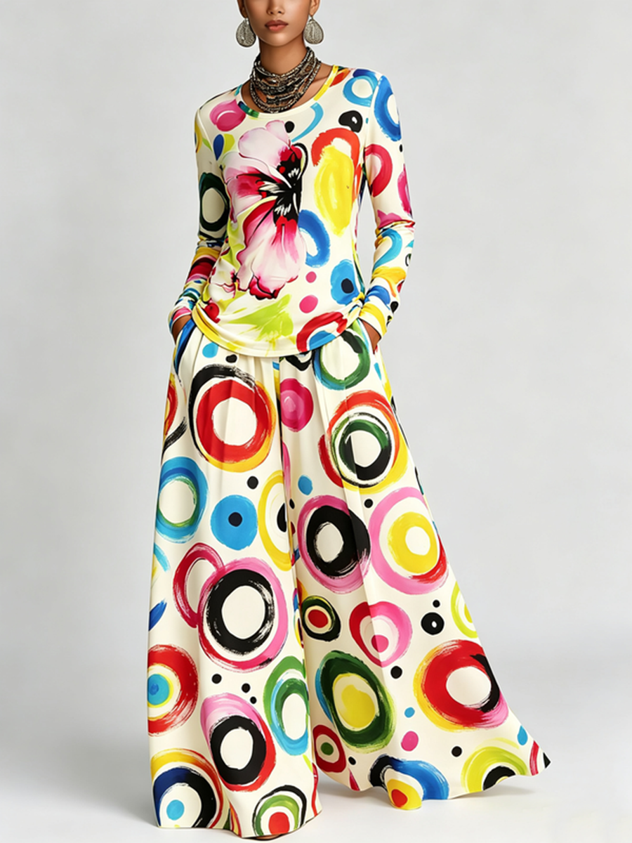 Printed Polka-Dot Pockets Elasticity Colorful Wide Leg Loose Trousers Pants
