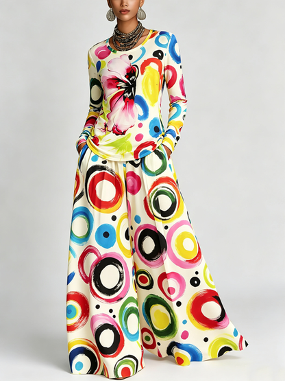 Printed Polka-Dot Pockets Elasticity Colorful Wide Leg Loose Trousers Pants