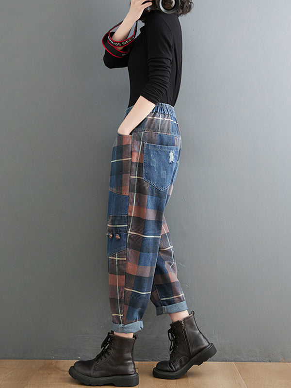 Original Artistic Retro Plaid Jean Pants