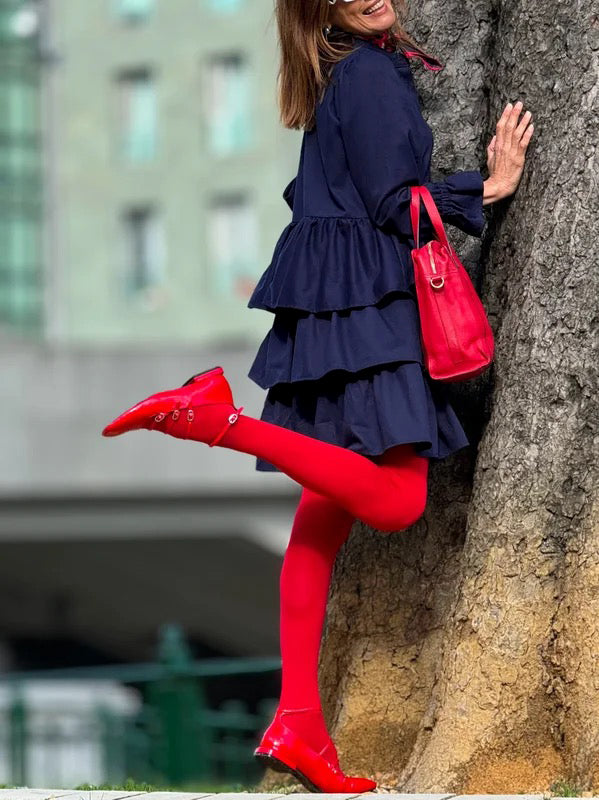 Flared Sleeves Long Sleeves Buttoned Elasticity Layered Solid Color V-Neck Mini Dresses