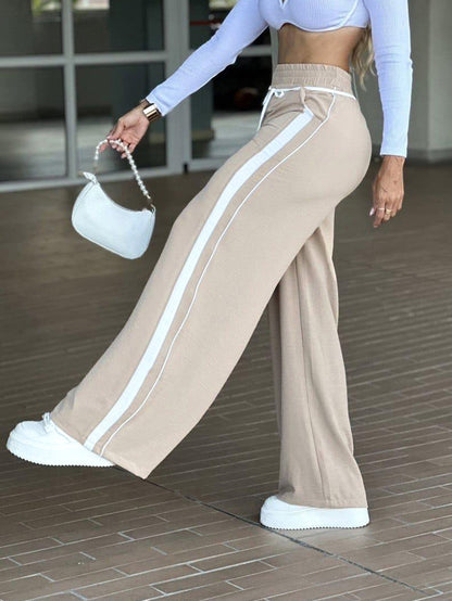 Solid Color Pockets Elasticity Wide Leg Trousers Pants