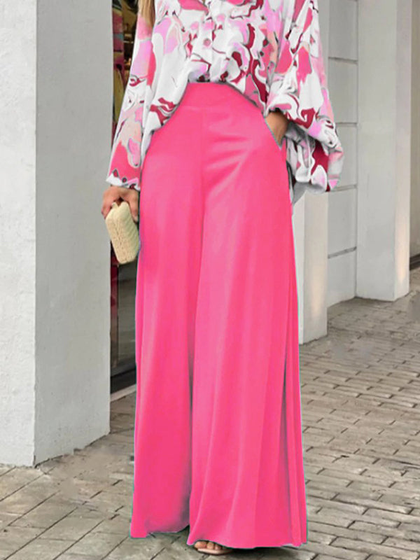 Original Contrast Color Blouse&Solid Wide Legs Pants 2 Pieces Set