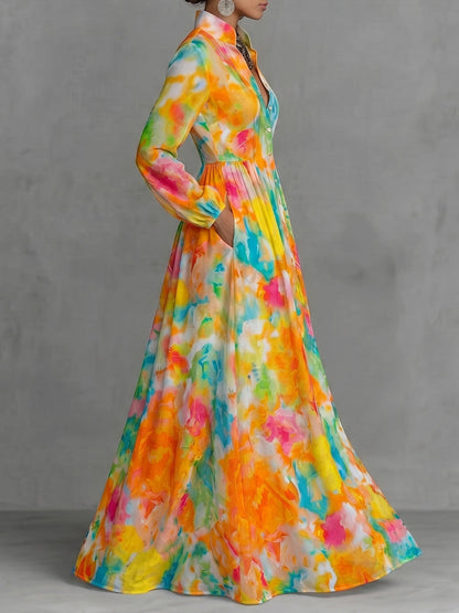 A-Line Long Sleeves Buttoned Contrast Color Pleated Pockets Printed Lapel Maxi Dresses Shirt Dress