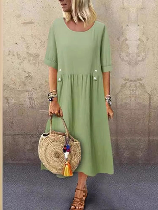 A-Line Loose Buttoned Pleated Round-Neck Midi Dresses