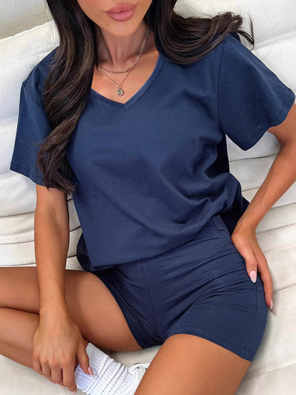 Loose Short Sleeves Solid Color Split-Joint V-Neck T-Shirt + Shorts Two Pieces Set