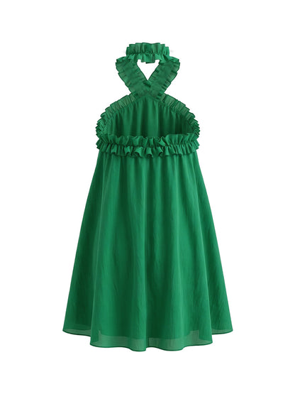 A-Line Loose Backless Solid Color Split-Joint Halter-Neck Midi Dresses
