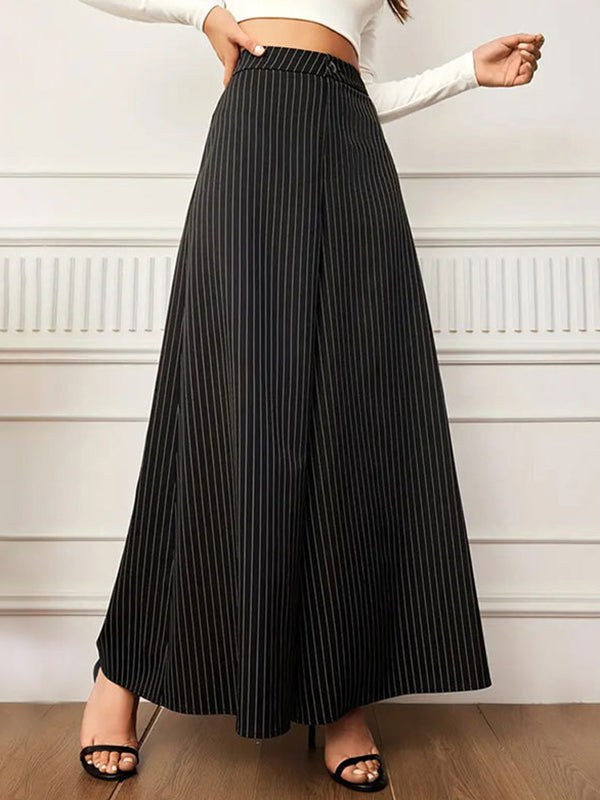 High Waisted Wide Leg Buttoned Split-Joint Striped Pants Trousers
