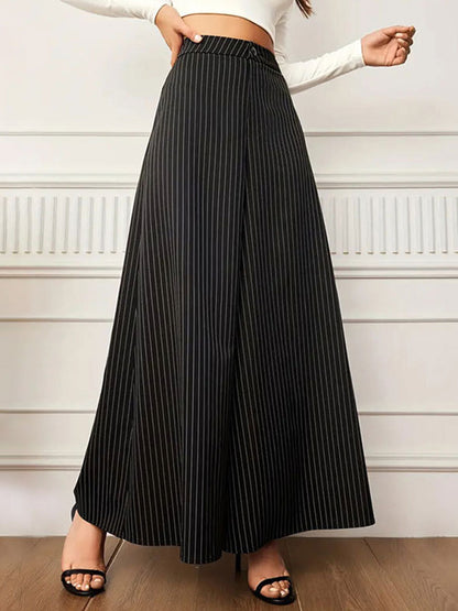 High Waisted Wide Leg Buttoned Split-Joint Striped Pants Trousers