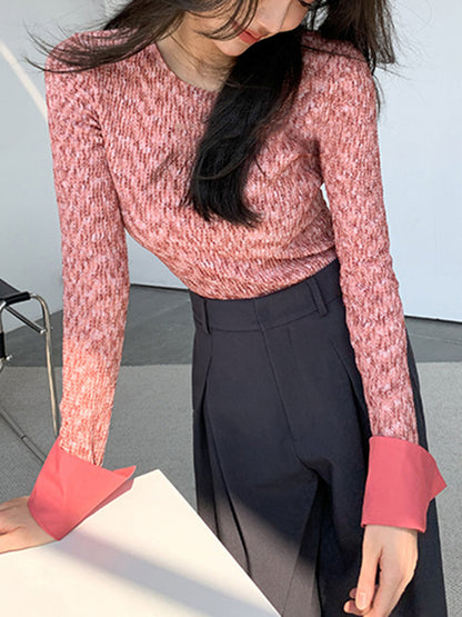 Long Sleeves Skinny Buttoned Round-Neck T-Shirts Tops