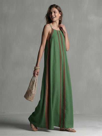 A-Line Loose Contrast Color Pleated Spaghetti-Neck Maxi Dresses