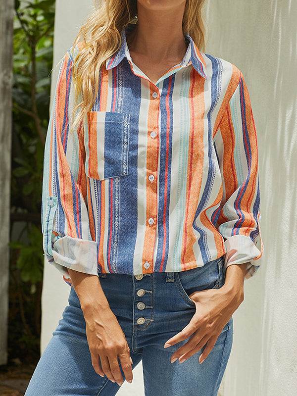 High-Low Long Sleeves Buttoned Pockets Striped Lapel Blouses&Shirts Tops