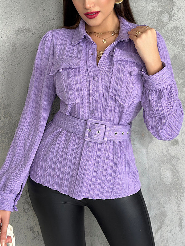 Long Sleeves Loose Buttoned Pockets Solid Color Split-Joint Lapel Blouses&Shirts Tops