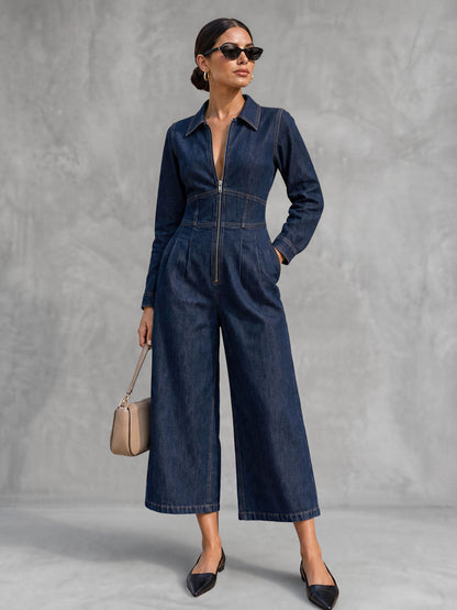 Zipper Split-Joint Solid Color Pockets Wide Leg Long Sleeves Lapel Jumpsuits