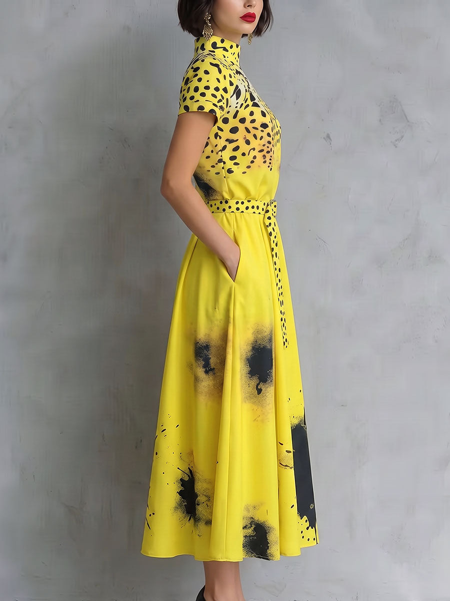 Zipper Tie Dye Pockets Leopard Ink-Printing Contrast Color Belted Short Sleeves High Waisted Mock Neck Midi Dresses