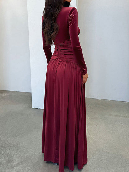 A-Line Bodycon Pleated Solid Color Split-Joint Split-Side Deep V-Neck Maxi Dresses