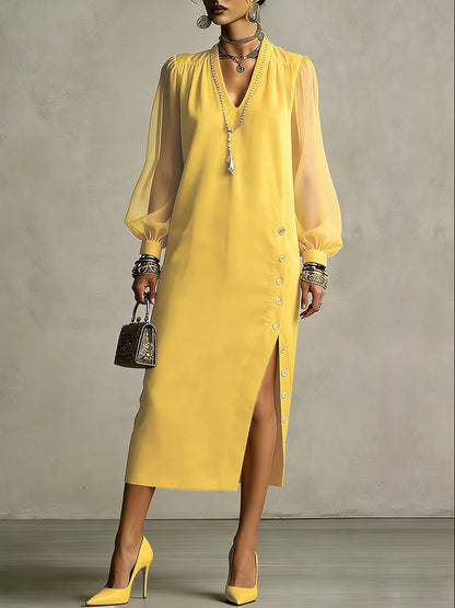 Long Sleeves Puff Sleeves Buttoned Pleated Pockets Solid Color Split-Side V-Neck Midi Dresses
