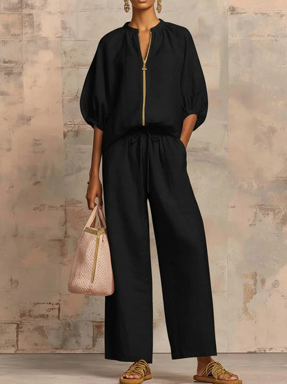 Half Sleeves Loose Drawstring Elasticity Pockets Solid Color Zipper Round-Neck Blouses&Shirts Tops Pants Trousers Two Pieces Set