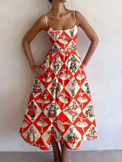 Elasticated Waist High Waisted Contrast Color Pleated Printed Split-Joint Spaghetti-Neck Midi Dresses