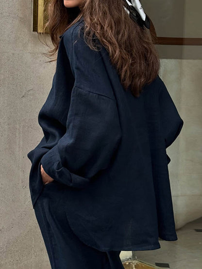 Loose Solid Color Lapel Buttoned Long Sleeves Blouses&Shirts Tops + Pockets Pants Trousers Two Pieces Set
