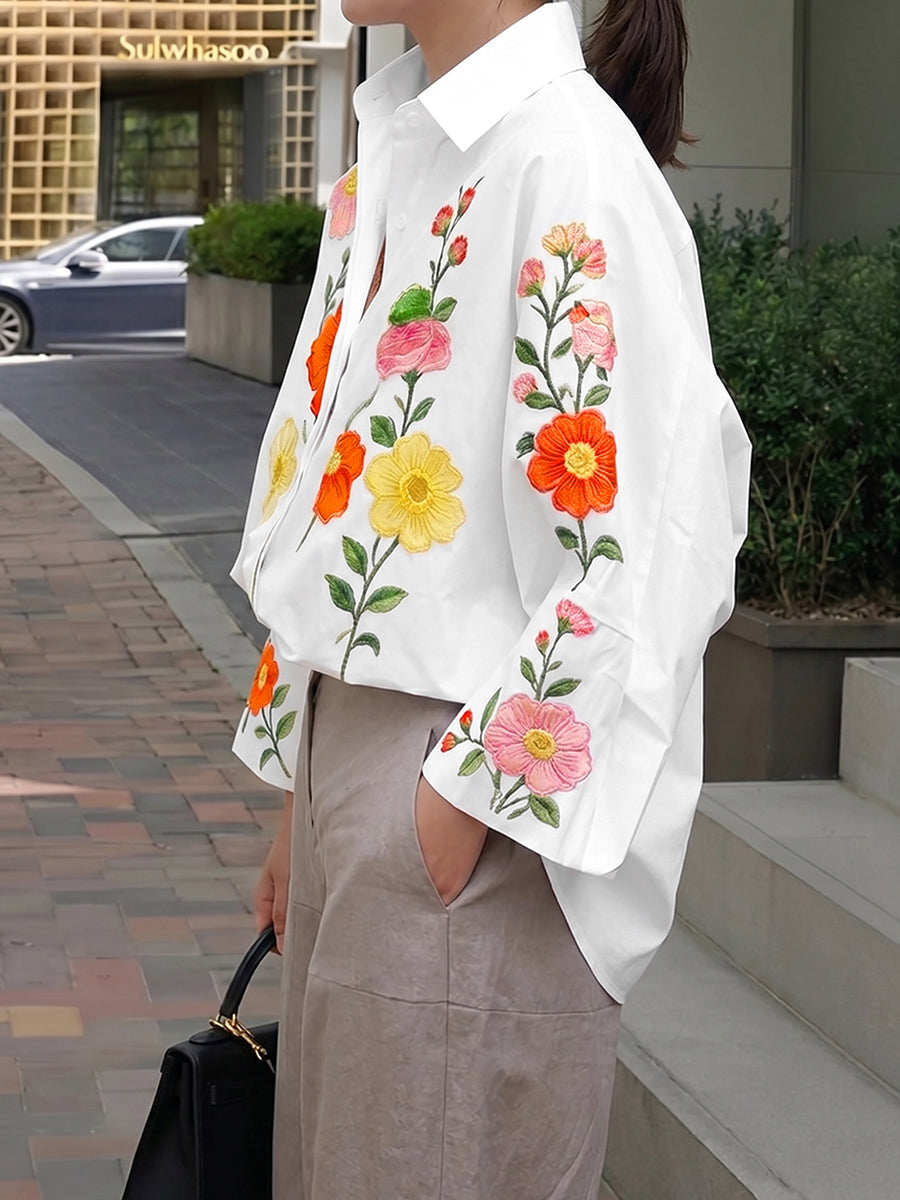 Long Sleeves Loose Buttoned Contrast Color Flower Print Lapel Blouses&Shirts Tops