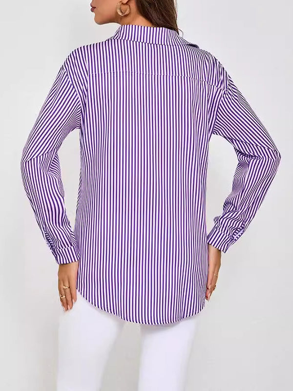 Long Sleeves Loose Split-Joint Striped Lapel Blouses