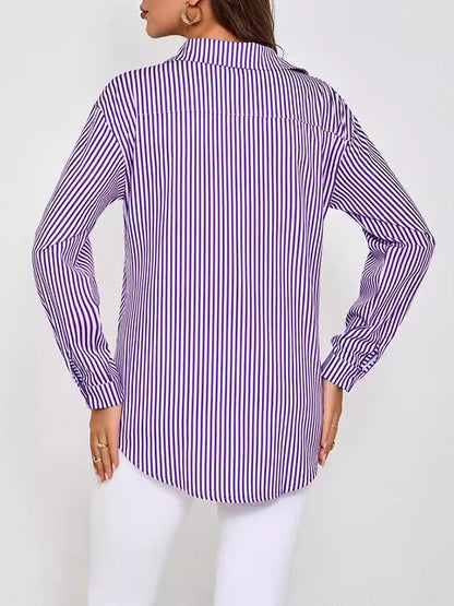 Long Sleeves Loose Split-Joint Striped Lapel Blouses
