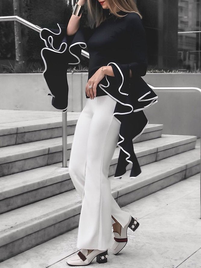 Flared Sleeves Long Sleeves Asymmetric Round-Neck Blouses&Shirts Tops