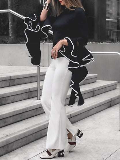 Flared Sleeves Long Sleeves Asymmetric Round-Neck Blouses&Shirts Tops
