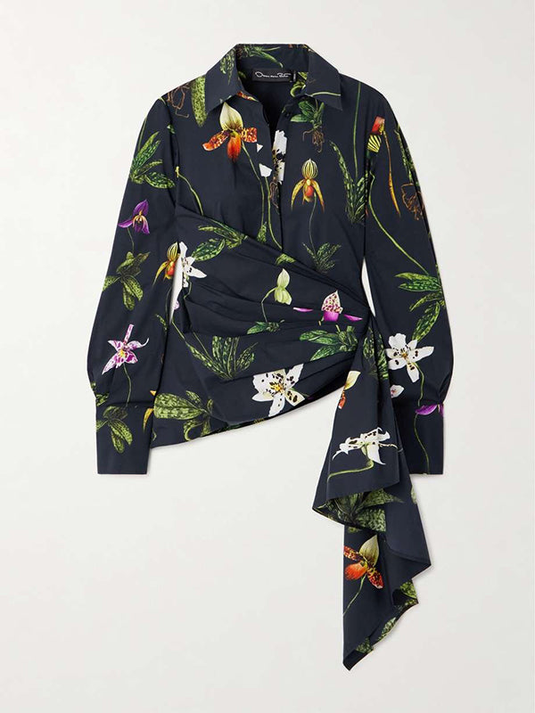 Long Sleeves Loose Asymmetric Flower Print Split-Joint Lapel Blouses&Shirts Tops