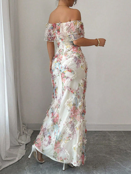 Bodycon Contrast Color Flower Print Ruffle Trim Split-Joint Off-The-Shoulder Midi Dresses