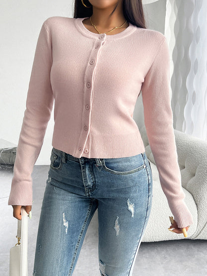 Long Sleeves Buttoned Solid Color Round-Neck Cardigan Tops