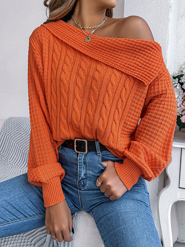 Long Sleeves Loose Asymmetric Solid Color Split-Joint One-Shoulder Pullovers Sweater Tops