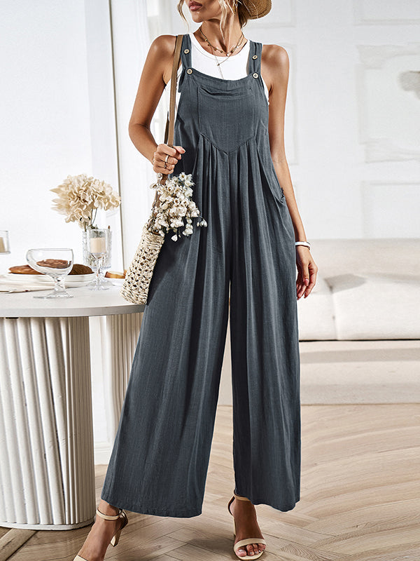 Loose Sleeveless Pleated Pockets Split-Joint Spaghetti-Neck Overalls
