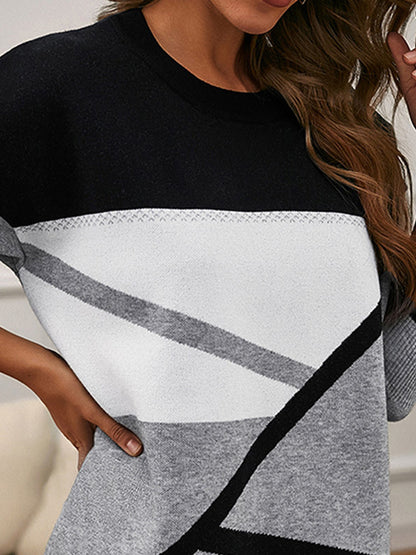 Long Sleeves Loose Contrast Color Printed Round-Neck Pullovers Sweater Tops