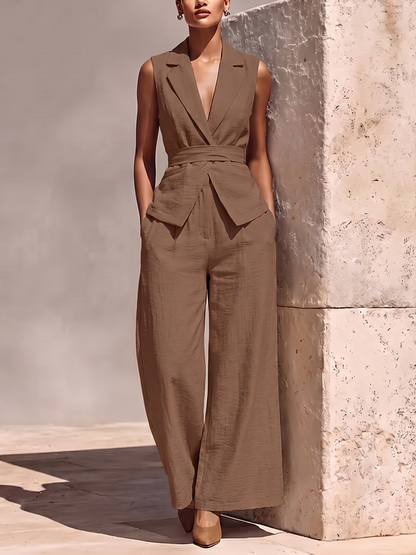 Solid Color Notched Collar Tied Sleeveless Vest Top + High Waisted Pockets Pants Trousers Two Pieces Set