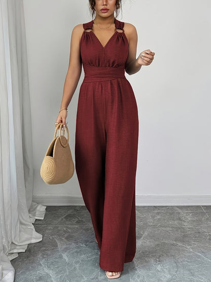 High Waisted Sleeveless Backless Solid Color Tied Spaghetti-Neck Jumpsuits