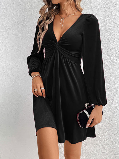 A-Line High Waisted Knot Pleated Solid Color Split-Joint Velvet Deep V-Neck Mini Dresses