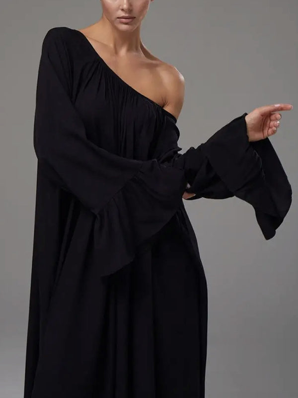 A-Line Flared Sleeves Pleated Solid Color Split-Joint Round-Neck Maxi Dresses