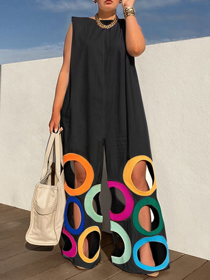 Loose Sleeveless Contrast Color Hollow Jumpsuits