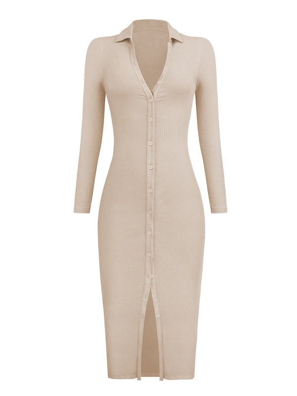High Waisted Long Sleeves Buttoned Solid Color Lapel Midi Dresses