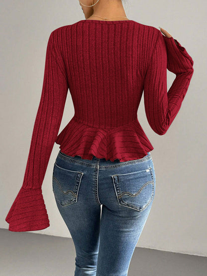 Flared Sleeves Long Sleeves Buttoned Ruffled Solid Color Split-Joint Deep V-Neck T-Shirts Tops