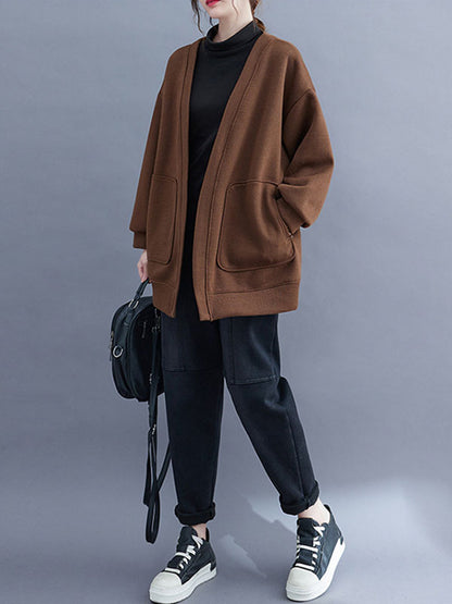 Long Sleeves Loose Pockets Solid Color Collarless Outerwear