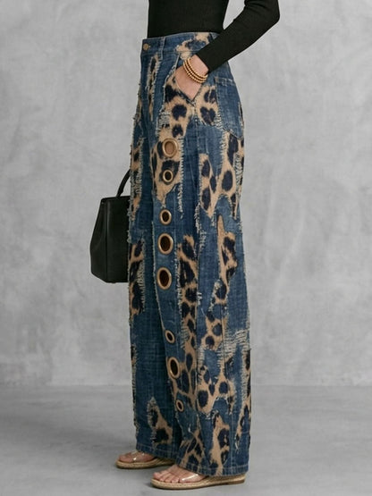 High Waisted Wide Leg Buttoned Hollow Leopard Pockets Split-Joint Zipper Pants Trousers
