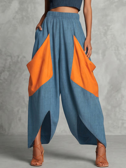 High Waisted Loose Contrast Color Elasticity Pockets Split-Joint Ninth Pants Trousers