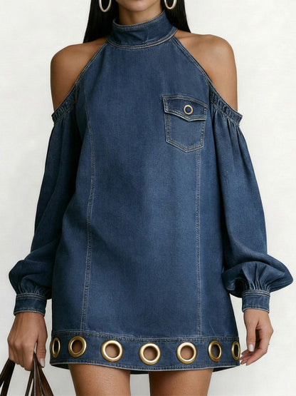 Long Sleeves Loose Hollow Pockets Solid Color Split-Joint Cold Shoulder Mini Dresses