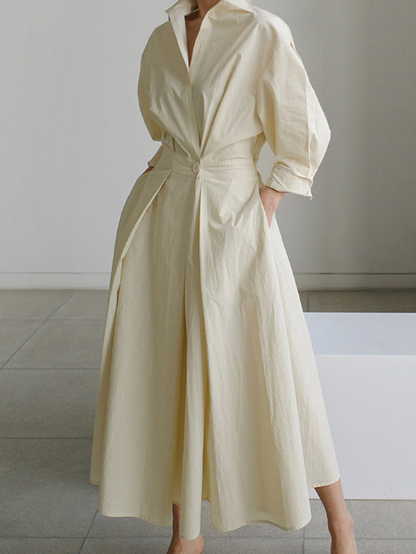 Long Sleeves Loose Buttoned Solid Color Lapel Midi Dresses