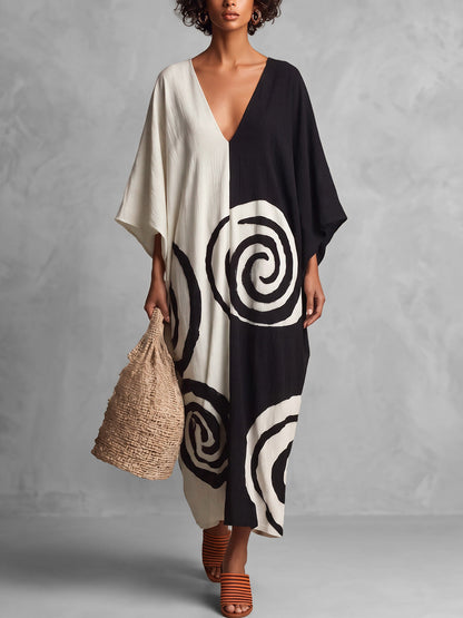 Printed Contrast Color Three-quarter Sleeves Loose Deep V-Neck Midi Dresses