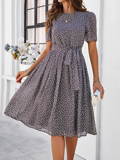 A-Line Elasticated Waist Contrast Color Polka Dot Split-Joint Tied Waist Round-Neck Midi Dresses